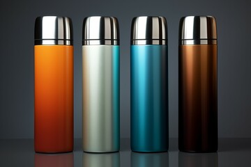 Metallic thermos. Travel beverage bottle of stainless material. Generate ai