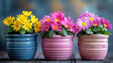 Three Pots With Flowers on Table