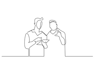 two male employees showing tablet plan program pointing pointing talking one line art design vector