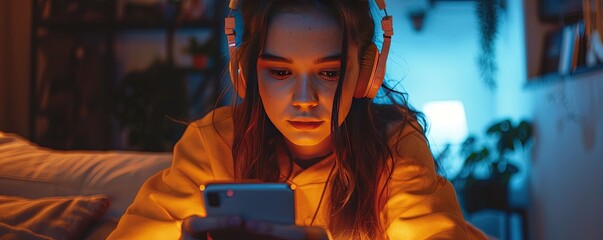 Teenage female in headphones using smartphone at home