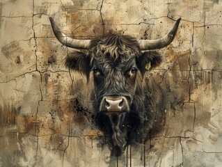Scottish highlander cow in a cracked painting art form 