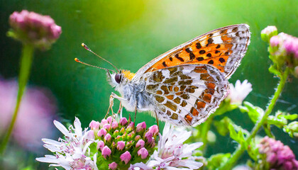 Obraz premium a macro closeup of a butterfly on a soft focus shallow depth of field flower plant