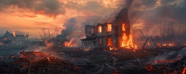 The burning remains of a house. - obrazy, fototapety, plakaty