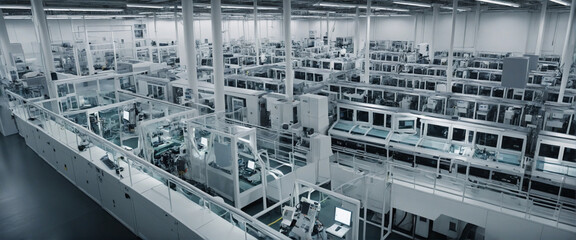 A semiconductor fabrication plant. A modern clean and organized production factory. industry  concept. - obrazy, fototapety, plakaty