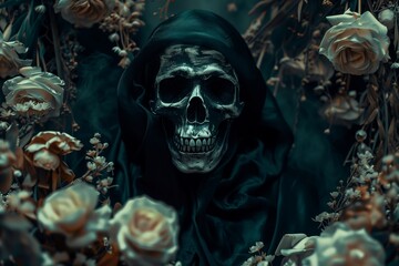 portrait of the grim reaper over a dark background with  roses and copy space - obrazy, fototapety, plakaty