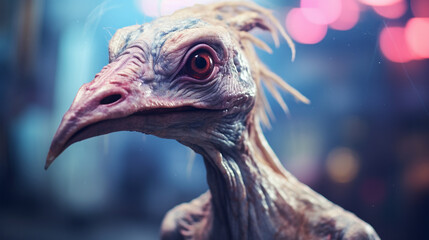 Closeup of extrateresstrial bird-like alien creature in front of blurred futuristic background