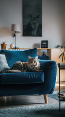 A cozy living room interior with soft twilight light, gray tones, and a serene elegance captured, featuring a cat