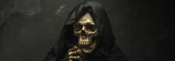 portrait of the grim reaper over a dark background with copy space - obrazy, fototapety, plakaty
