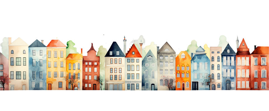 A vibrant watercolor painting of a row of colorful, whimsically styled buildings