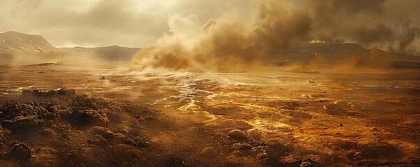 The sulphuric golden brown landscape of Iceland's geothermal area. - obrazy, fototapety, plakaty