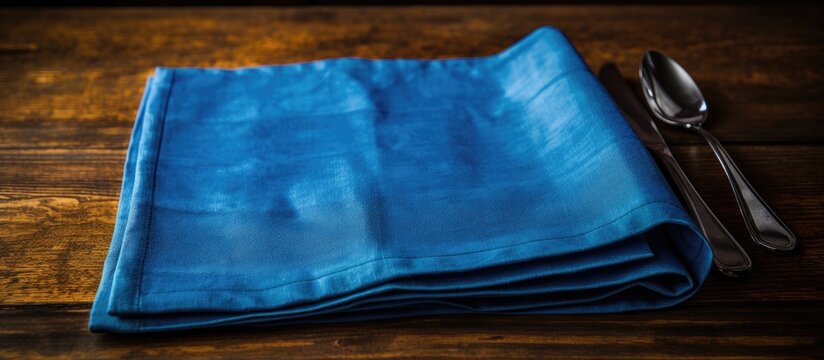 A rectangular wooden table adorned with an electric blue napkin and silverware. The contrast between the blue shade and the wood creates a stylish and modern look