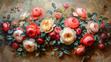  a painting of a bunch of red and white flowers with green leaves on the bottom of the painting is a painting of a bunch of red and white flowers with green leaves on the bottom.