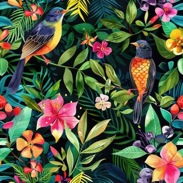 Seamless watercolor pattern adorned with birds and floral elements