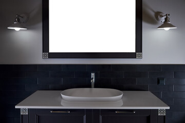 Stand with sink and supplies near dark tiled wall in bathroom with dim lights semi darkness twilight and mirror with frame mockup copyspace Contemporary bathroom detail of rustic loft interior concept