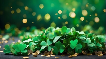 Green bokeh with clover confetti for St. Patrick's Day