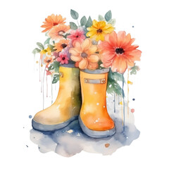 Vibrant watercolor painting capturing colorful flowers blooming from yellow rain boots