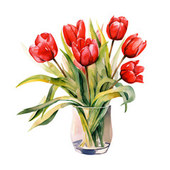 Watercolor depiction of vivid red tulips in a vase