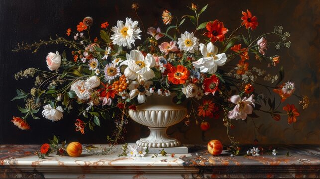  a painting of a vase of flowers on a table with fruit and flowers on the table in front of it.