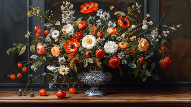  a painting of a vase of flowers on a table with cherries and cherries on the side of the vase.