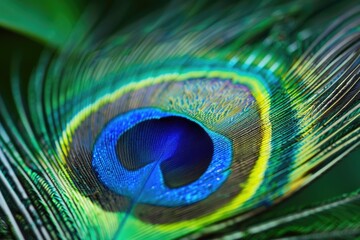 Beautiful Peacock Feather; A Close Up View of the Unique and Colourful Feather of the Exotic Peafowl, a Majestic Animal in Wildlife