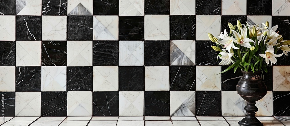 Poster a white vase filled with flowers stands on a black and white checkered flooring, creating a symmetri
