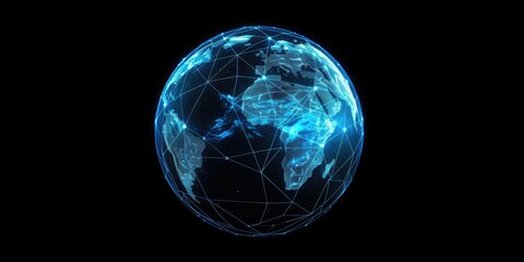 Blue Poly Glowing Globe Hologram on Dark Background - 3D Rendered Digital Earth in the Universe of Matrix Technology