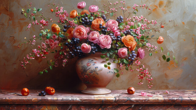  a painting of a vase filled with lots of flowers on a table next to a painting of oranges and pinks.