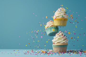 Falling Over Cupcakes with Colorful Sprinkles on Aqua Blue Background. Perfect for Birthday Celebrations