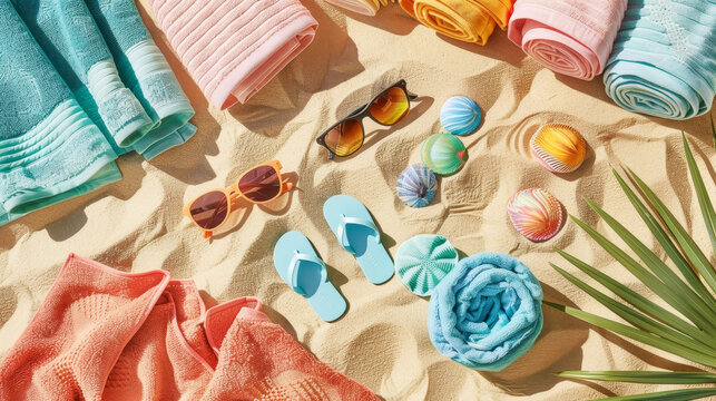 Colorful Beach Accessories on Sandy Background