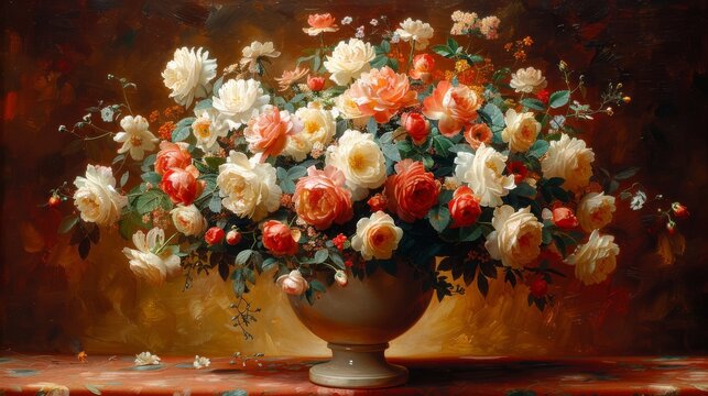  a painting of a bouquet of flowers in a vase on a table with a red and white tablecloth on it.