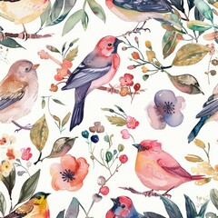 Seamless watercolor pattern adorned with birds and floral elements
