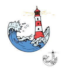 Lighthouse emblem, Lighthouse and big waves, Colorful and Black and white lighthouse illustration, Nature and wildlife sticker, Lighthouse Symbol and sign