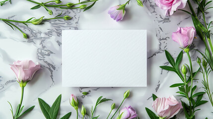 Lisianthus flowers around blank paper on marble table for women's Day, mothers day, valentine's day.