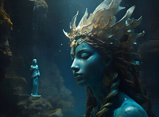 lost world Atlantida, piece of Atlatnic temple underwater with female sculpture. Ai generated - obrazy, fototapety, plakaty