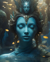 lost world Atlantida underwater, fine art portrait of  Atlantic female sculpture. digital art work. Ai generated