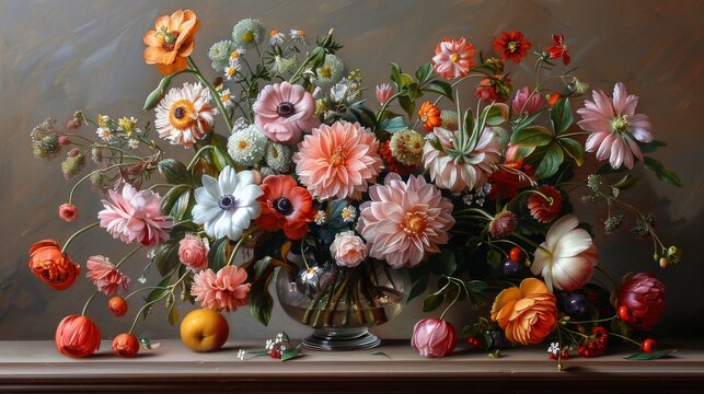  a painting of a bunch of flowers in a vase on a table with apples and oranges on the table.