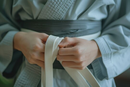 Caucasian boy in kimono for Aikido. Tightening white belt with the help of coach. Martial Art for Children