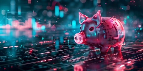 Techno currency investment and bitcoin trading, with an electronic piggy bank next to cryptocurrency on a digital background - obrazy, fototapety, plakaty