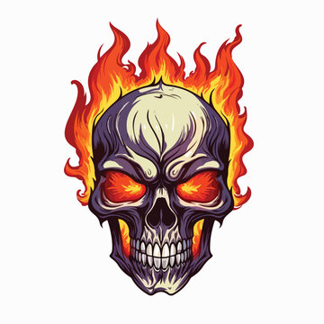 Flaming skull head with empty banner cartoon 