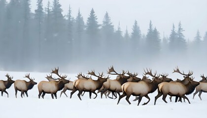 A Herd Of Elk Crossing A Snowy Landscape Their Br - obrazy, fototapety, plakaty