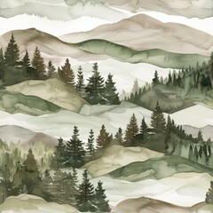 Landscape watercolor pattern with serene scenery and soft tones, abstract nature background, seamless pattern
