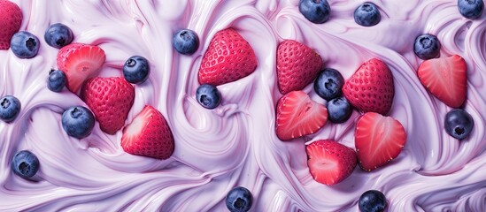 A close up of a purple ice cream topped with fresh strawberries and blueberries, showcasing the natural sweetness of fruit in this delicious dessert - obrazy, fototapety, plakaty