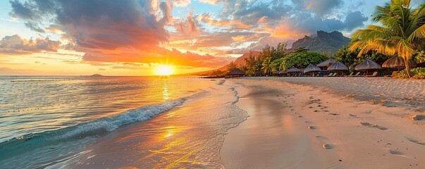 Tourism background with Fantastic Sunrise Beach in Mauritius. Dream Honeymoon Destination. - obrazy, fototapety, plakaty