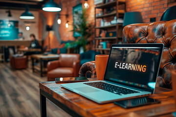 A laptop screen labeled "E-LEARNING" lies on a wooden table in a trendy co-working cafe, next to a smartphone and a mug of coffee, against a backdrop of comfortable chairs and warm lighting.