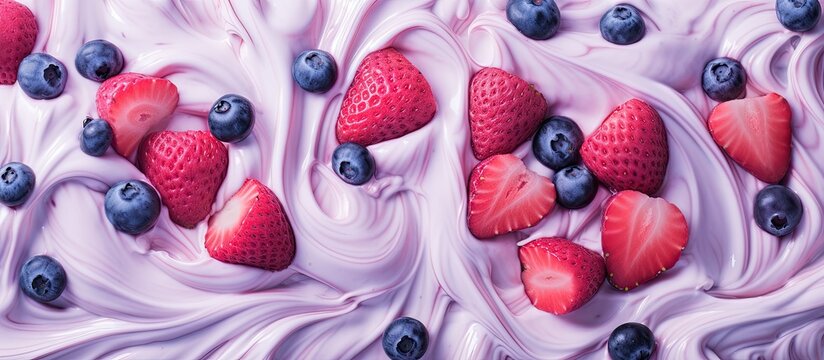A close up of a purple ice cream topped with fresh strawberries and blueberries, showcasing the natural sweetness of fruit in this delicious dessert