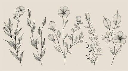 Handdrawn Logo Elements: Unique Hand-Drawn Business Labels with Fashionable Brush Drawings of Floral Decorations