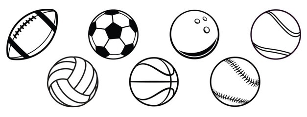 various black white american sports balls set - obrazy, fototapety, plakaty