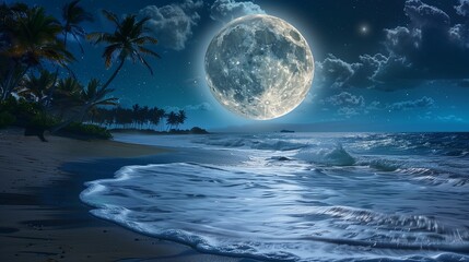Luminous Full Moon Over a Tranquil Tropical Beach: The Moon's Radiance Casting a Silver Glow on the and Palm Trees Whispering in a Sense of Peace and Wonder.