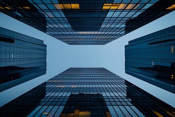 Low angle view of modern office buildings in the financial area of Poblenou in the city of Barcelona in Catalonia in Spain. Generative AI - obrazy, fototapety, plakaty