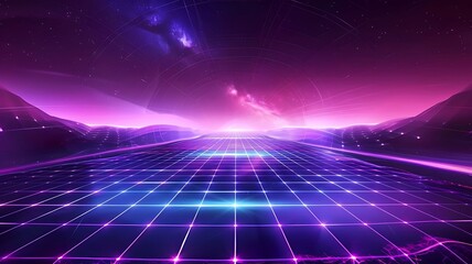 Retro Sci-Fi Background Futuristic landscape of the 80s. Digital Cyber Surface. Suitable for design in the style of the 1980`s. Retro 80’S Futuristic line background - Generative AI - obrazy, fototapety, plakaty